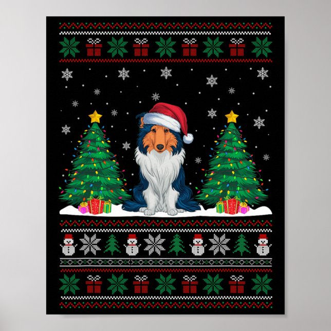 Poster Santa Hat Rough Collie Chien Xmas Les lumières de  (Devant)