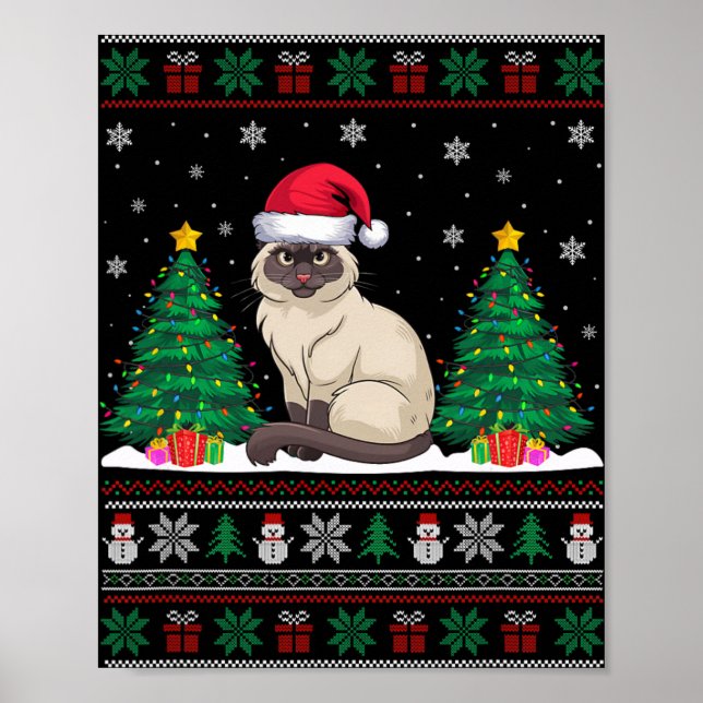Poster Santa Hat Siamese Chat Noël Arbre Lumières Laid S (Devant)