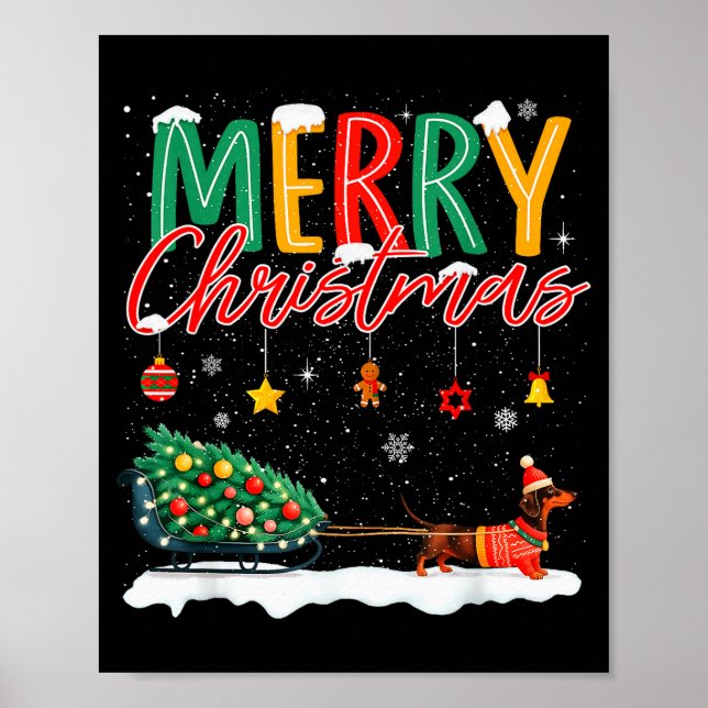 Poster Santa Merry Christmas Dachshund Sleigh Dog Lover X (Devant)