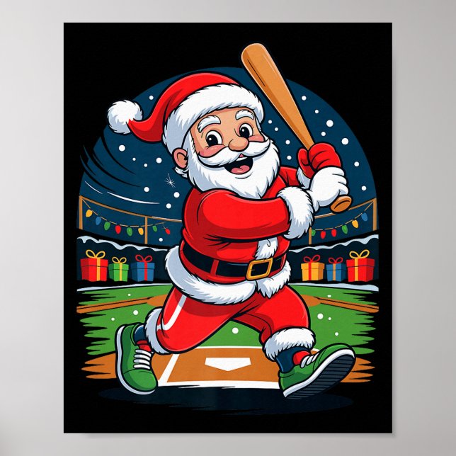 Poster Santa Playing Baseball Funny Holiday Christmas Xma (Devant)