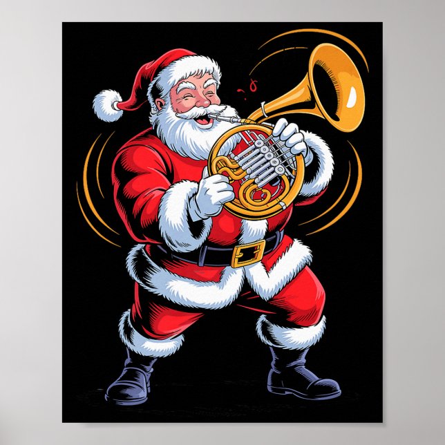 Poster Santa Playing French Horn Funny Holiday Chrismas X (Devant)