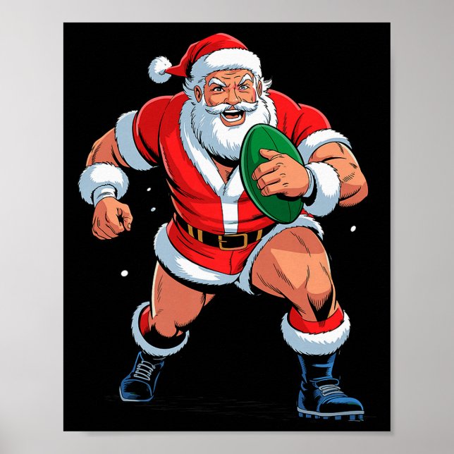 Poster Santa Playing Rugby Funny Holiday Christmas Xmas P (Devant)