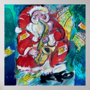 POSTER SANTA PLAYING SAX, MUSICAL CHRISTMAS NIGHT PARTY