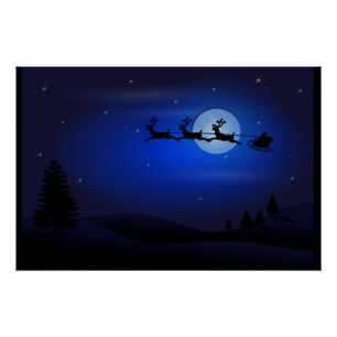 Poster Santa Reindeer Over Moon