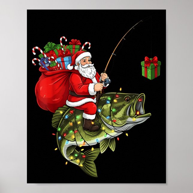 Poster Santa Riding B Fish Christmas Fishing Funny Xmas P (Devant)