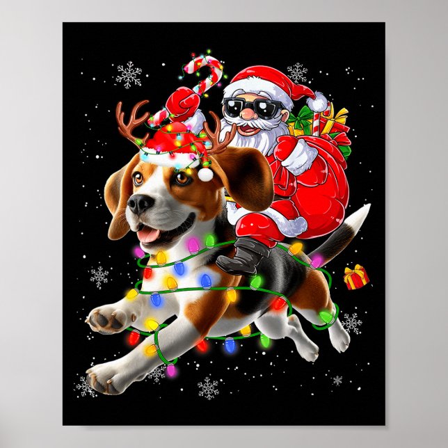 Poster Santa Riding Beagle Christmas Lights Funny Dog Xma (Devant)