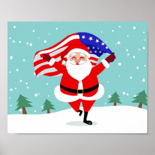 Poster Santa running with american flag