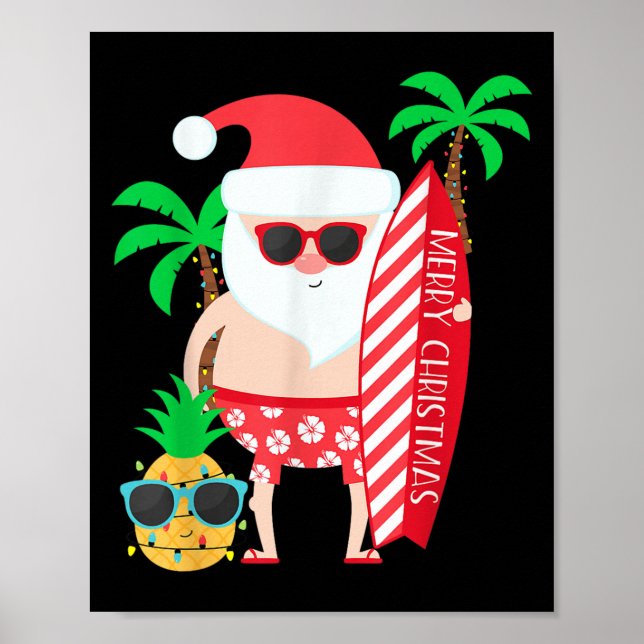 Poster Santa Surfing Hawaiian Beach Christmas In July Tro (Devant)