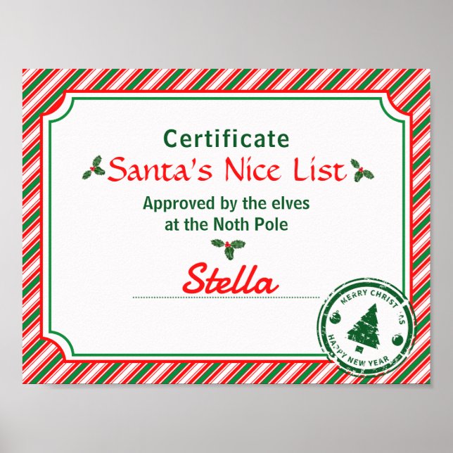 Poster Santa's Nice List Certificate Red Green Candy Cane (Devant)