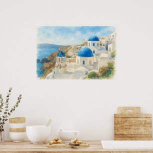 Poster Santorin Grèce Aquarelle Art de l'église à dôme bl