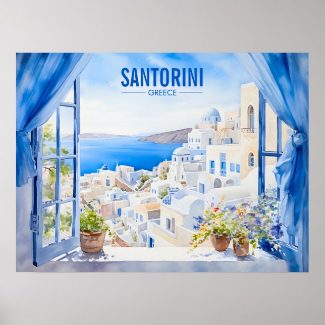 Poster Santorini Aquarelle Peinture Grèce Voyage | Art (Devant)