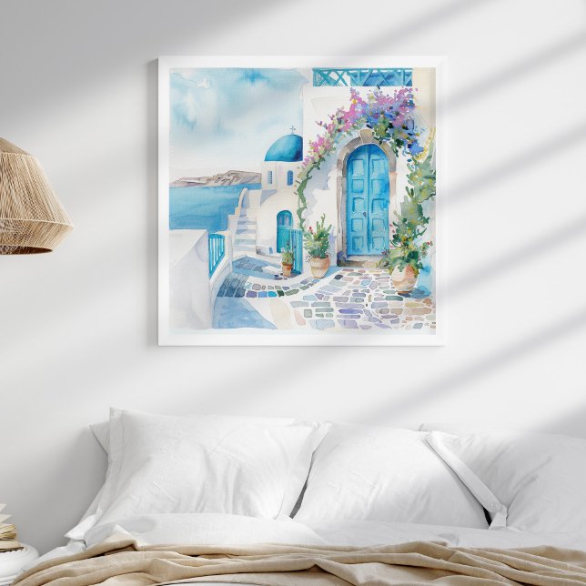 Poster Santorini Church Beach Mur d'art côtier (Santorini Church Beach Coastal Wall Art in a neutral coastal boho bedreoom in a white frame.)