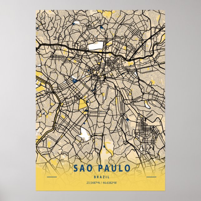 Poster Sao Paulo - Brésil Carte de ville jaune (Devant)