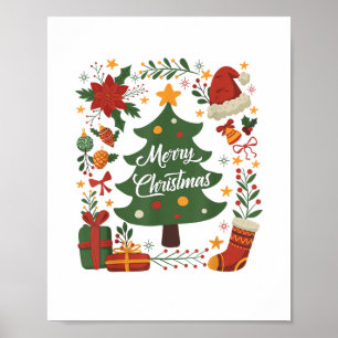 Poster Sapin de Noël Vintage Chapeau de Père Noël 80s 90s