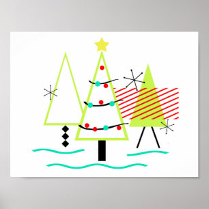 Poster sapins de noël rétro modernes du milieu du siècle