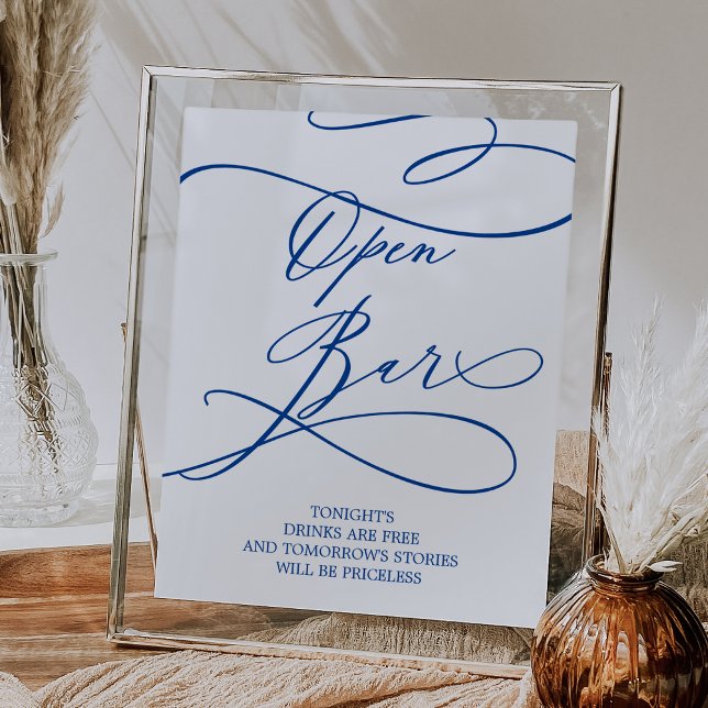 Poster Sapphire romantique Blue Calligraphie Open Bar Sig (Romantic Sapphire Blue Calligraphy Open Bar Sign)