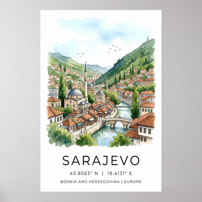 Poster Sarajevo Watercolor Print, Cityscape with Mosque (Devant)