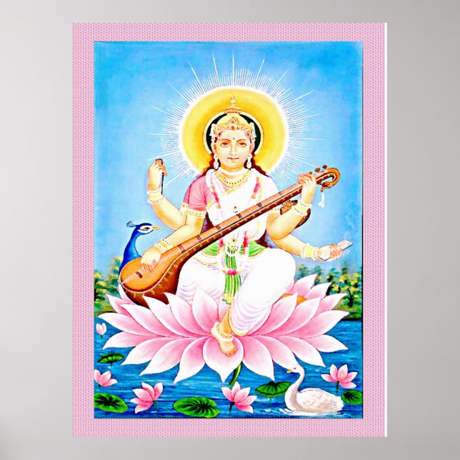 Poster Saraswati assis sur une fleur de lotus (Devant)