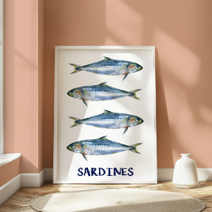 Poster Sardines Vintage Illustration de poissons côtiers 