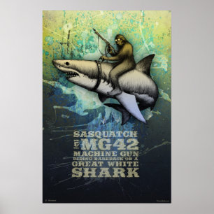 Poster Sasquatch chevauchant un grand requin blanc