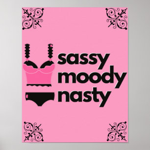 Poster Sassy, Moody, Nasty Lingerie rose et noir Boudoir