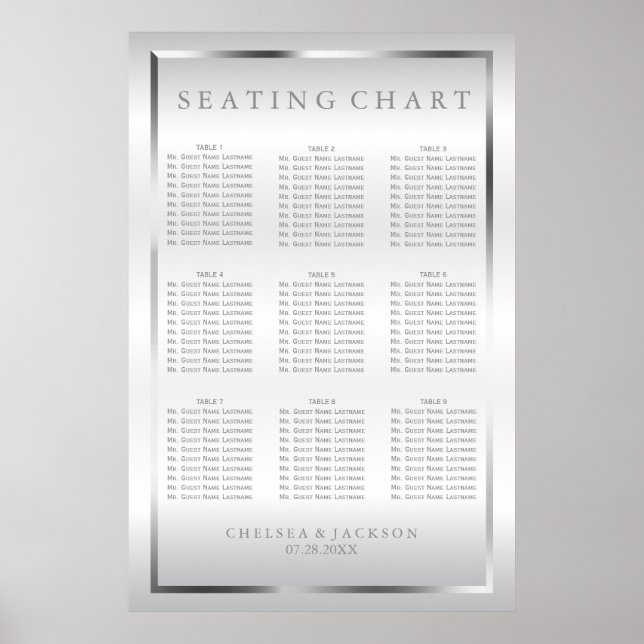 Poster Satin d'argent et blanc - 9 Cartes de sièges (Devant)