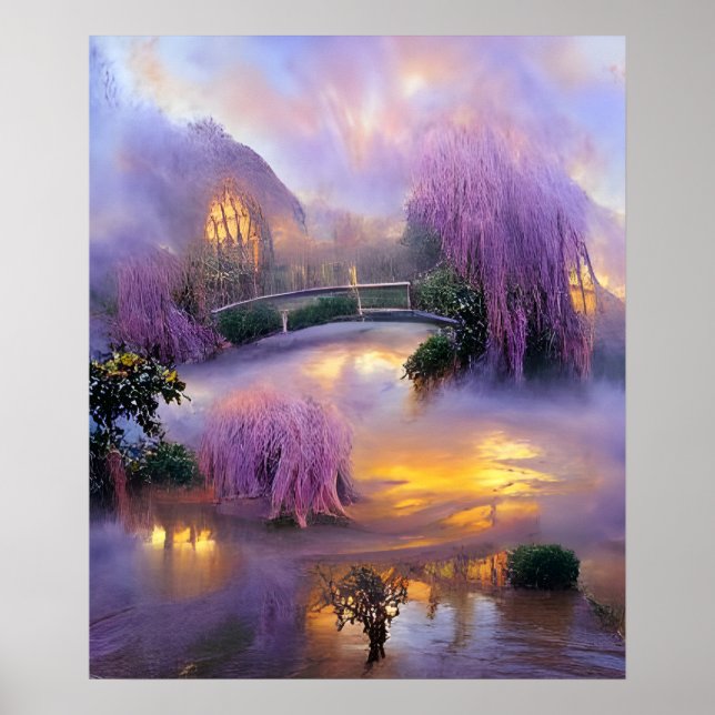Poster Saule rose au coucher du soleil près de l'étang (Devant)