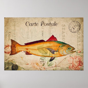Poster Saumon vintage Poisson Floral français Illustratio
