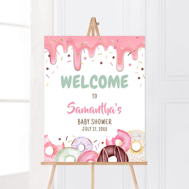 Poster Saupoudrer les beignets et les diaphères Bienvenue (Pink Donuts Girl Baby Shower Welcome Sign)