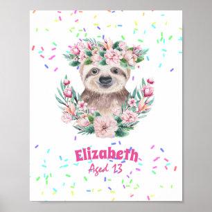 Poster Saupoudrer SLOTH Boho Girls Pink Flowers Cadeaux m