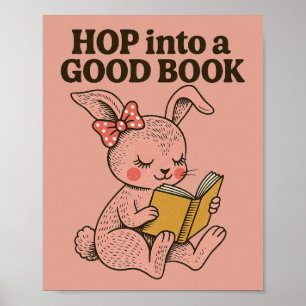 Poster Sauter dans un bon livre lapin rose lapin