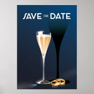 Poster Sauvegarder la date Verre et anneaux dorés