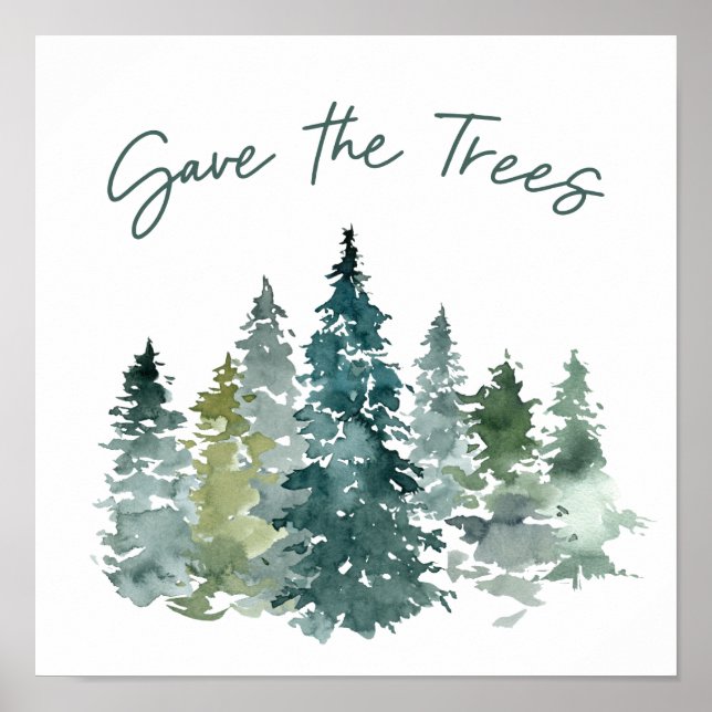 Poster Sauvez la forêt d'aquarelle verte des arbres (Devant)