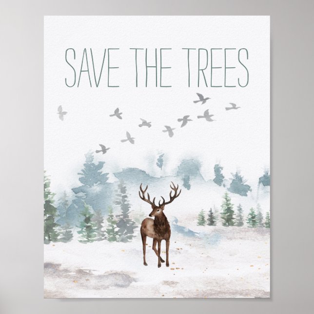 Poster Sauvez Les Arbres Aquarelle Forêt Cerf (Devant)