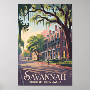 Poster Savannah Géorgie Illustration Voyage Art Vintage