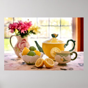 Poster Savoureux Thé Fleurs Roses Et Boisson De Citron