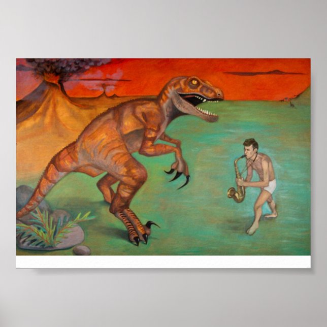 Poster Saxophone "Raptor vs Sax" avec dinosaure (Devant)