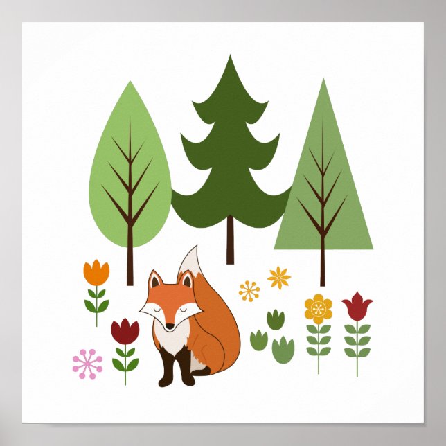 Poster Scandinavian Style Fox Flowers Trees Illustration (Devant)
