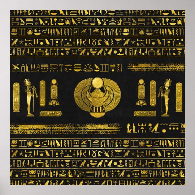 Poster Scarab égyptien doré en cuir noir (Devant)