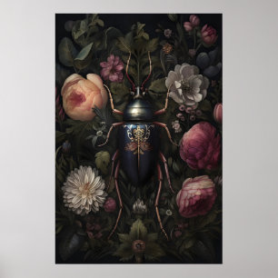 Poster Scarabée noir dans un jardin de fleurs sombres, In