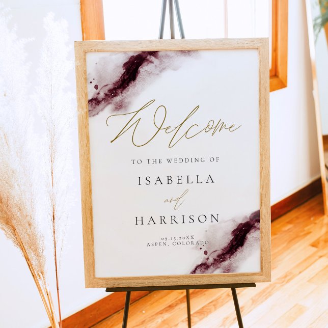 Poster SCARLETT | Burgundy Aquarelle Splash Gold Welcome (Créateur téléchargé)