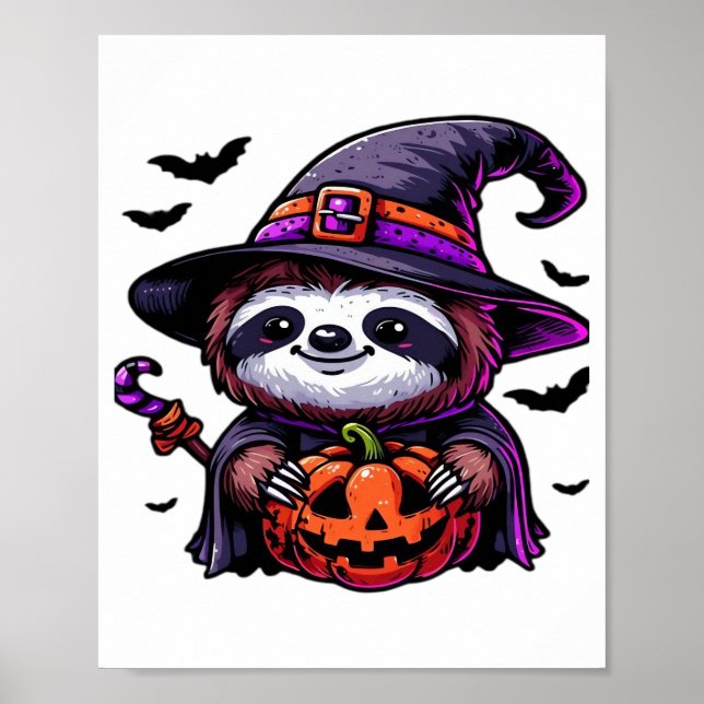 Poster Scary Halloween Sloth Witch Hat Costume Spooky Sea (Devant)