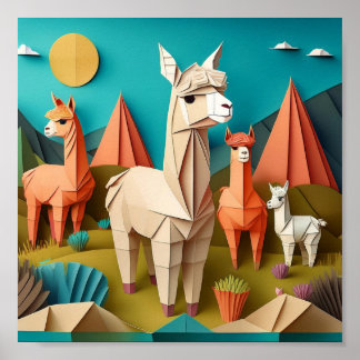 Poster Scène 3D d'art en papier d'alpacas en origami