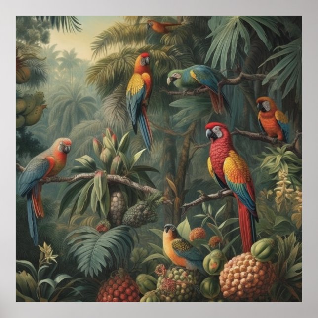 Poster Scène botanique de perroquets et ananas (Devant)