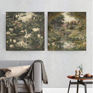 Poster Scène botanique d'un cygne blanc dans une rivière 