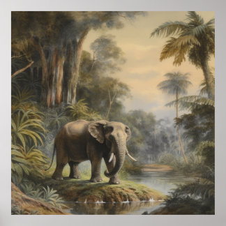 Poster Scène botanique vintage éléphant par rivière jungl