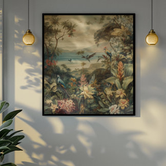 Poster Scène botanique vintage oiseaux fleurs au paradis