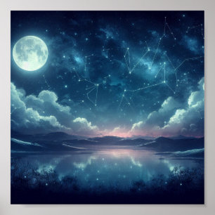 Poster Scène céleste d'un ciel clair de lune avec étoiles
