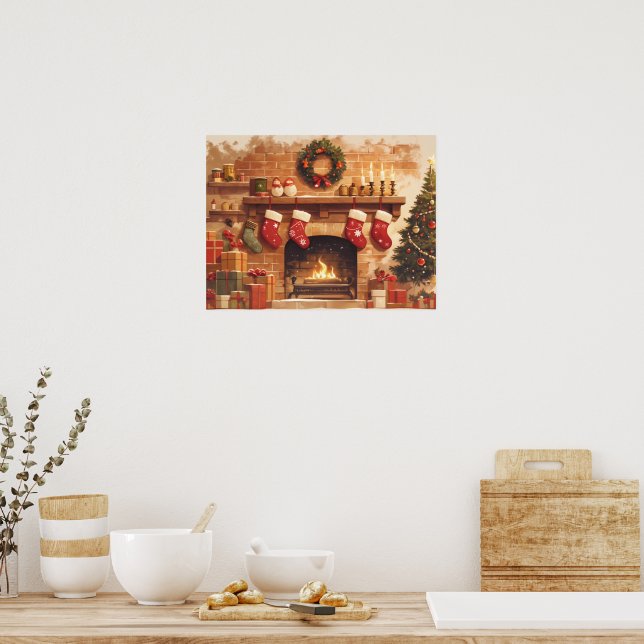 Poster Scène chaleureuse de cheminée de Noël (Cuisine)