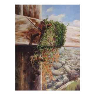Poster Scène côtière avec bois patiné.